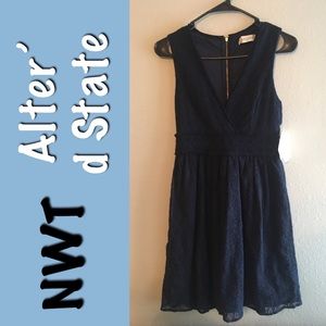 NWT Blue Sleeveless Alter’d State Fit and Flare Cross Neck Lace Dress